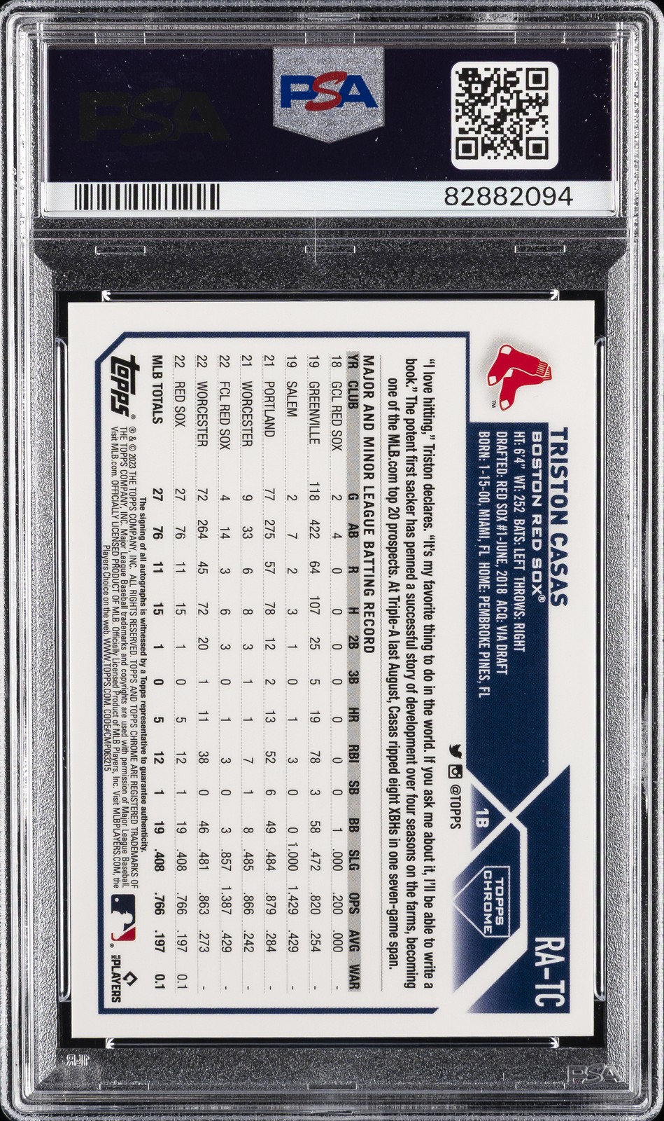 2023 TOPPS CHROME ROOKIE AUTO BLUE REFRACTOR #RATC TRISTON CASAS RC /150 PSA 10 view 2