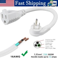 Flat Wall Plug Short Power Extension Ac Cord 1625W 16AWG Household 3 Prong