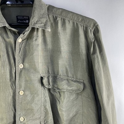 Vtg Giorgio Armani Long Sleeve Silk Button Up Shirt Flap Pocket Mens Size 38