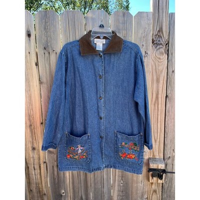 VTG 90s Casey & Max Womens Denim Fall Embroidered Front Pocket Barn Jacket Sz S