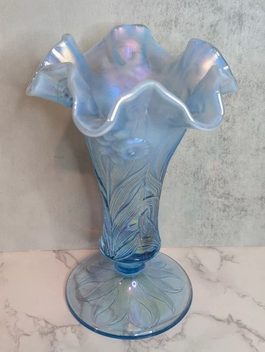 Fenton Carnival Glass Light Blue Opalescent Daffodils Ruffled Top Vase