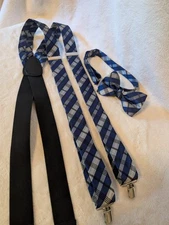 Men’s Blue & Gray Plaid Suspender and Bow Tie Set – Adjustable, Formal, Wedding