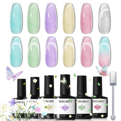 Modelones Gel Nail Polish Set with Magnet, 6 Colors Summer Silver Cat Eye Gel Po