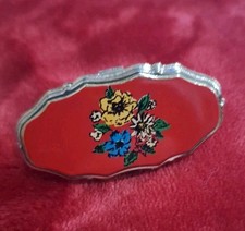 Vintage Lipstick Holder Red Enamel Painted FlowersMirror Ring Gold Toned Japan