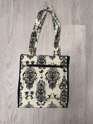 Damask Print Tote Bag with Matching Coin Purse - Black & Cream Canvas Shoulder B