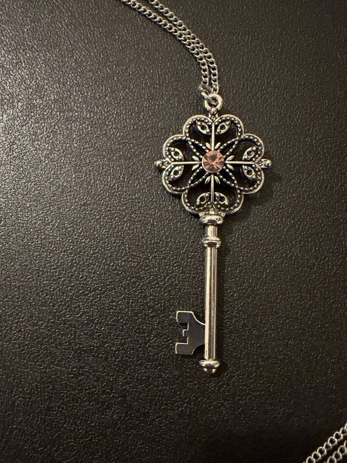 Silver Key Pendant Necklace with Pink Glass Stone on Adjustable Cable Chain
