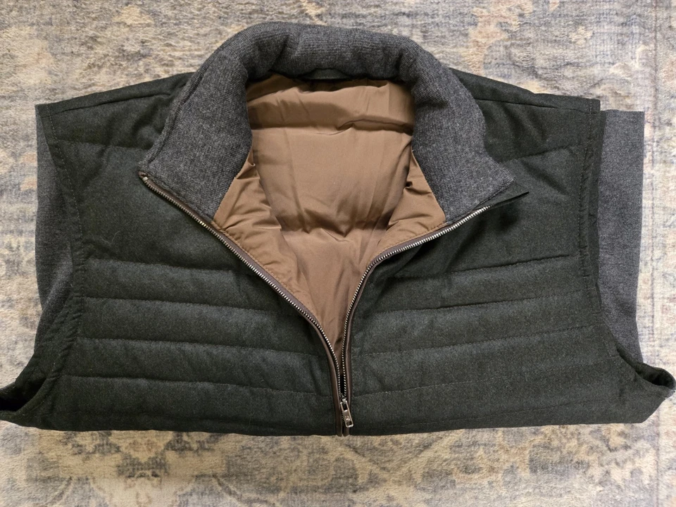 Chaleco de plumón de lana Luciano Barbera nuevo con etiquetas con cuero talla 54 (XL EE. UU.) gris/marrón Foto 3 de 4