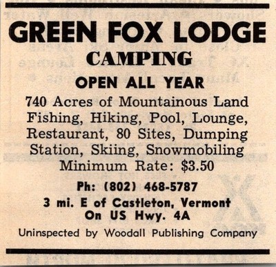 Green Fox Lodge Camping Open All Year E Of Castleton VT 1974 Ad TAK6-S105