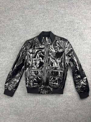 R13 Lambskin Leather Jacket Women's M Black Patent Full Zip Pockets Mock Neck
