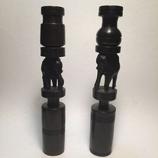 11" PAIR OF CARVED WOOD ELEPHANT CANDLE HOLDER/DECORATION(Made In Tanzania)