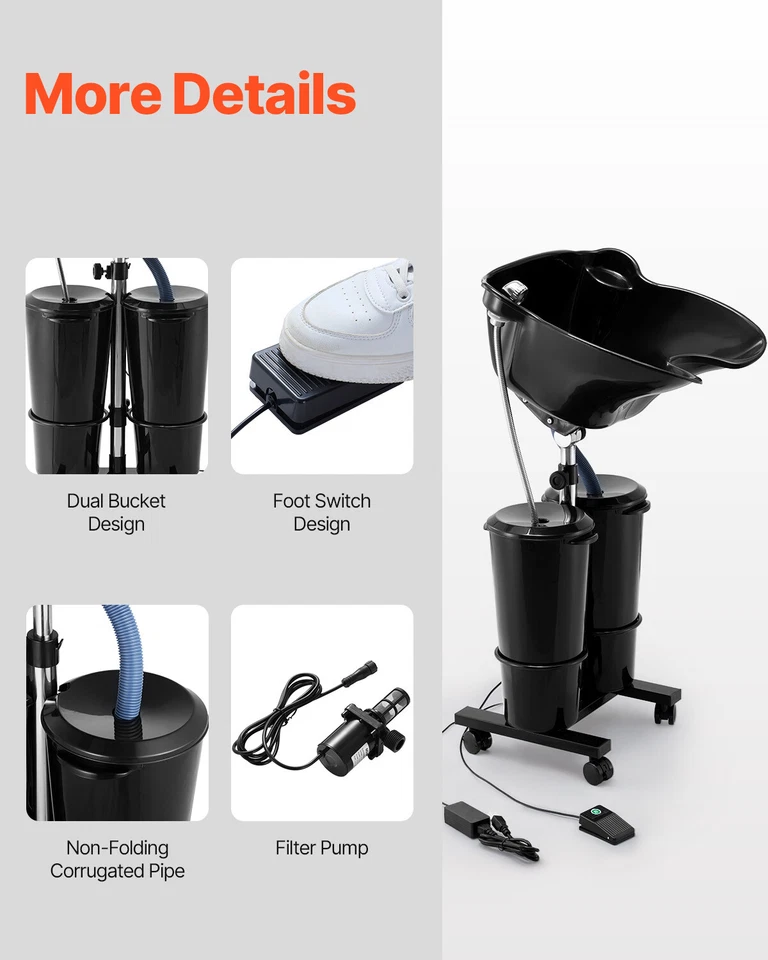 Tazón de champú portátil con manguera de drenaje 2 cubos altura ajustable fregadero de salón Foto 4 de 4