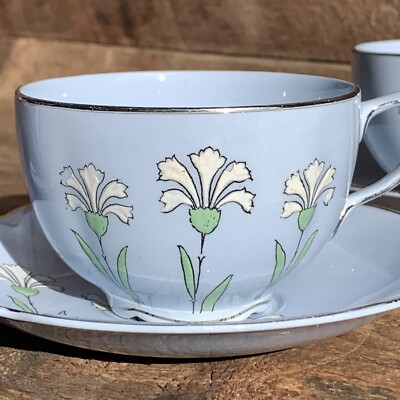 Cups & Saucers 6 Powder Blue w/ Flowers by Johnson Bros for Ovington As-Is