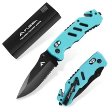 FLISSA Folding Pocket Knife Survival Knife Glass Breaker Seatbelt Cutter w/Clips