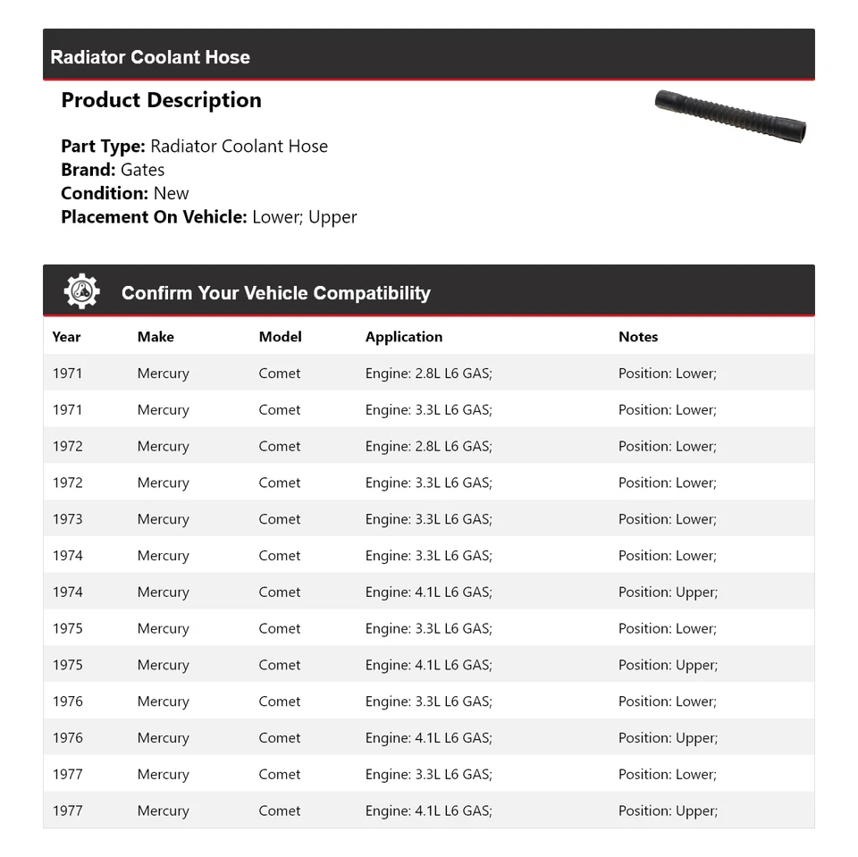 Puertas de manguera de refrigerante de radiador Mercury Comet 1971-1977 1972 1973 1974 1975 1976 Foto 2 de 4