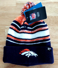 Denver Broncos Kids Hat Blue Orange Stripe Knit Roll Cuff Pom Embroidered Logo