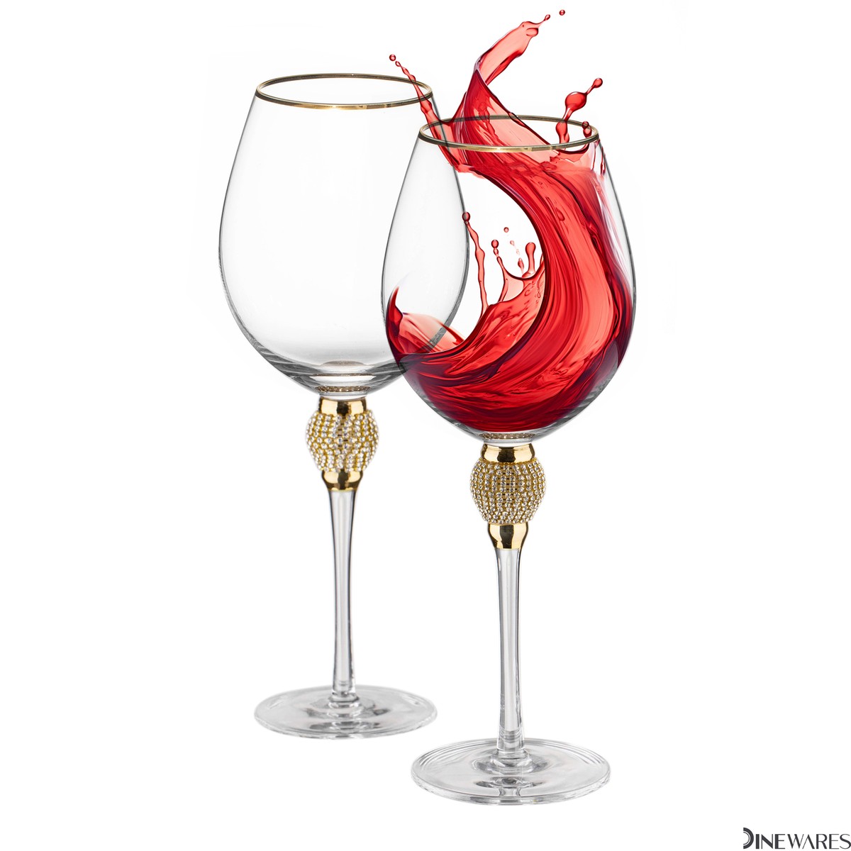 Rimmed Red Wine Glasses with Diamond Rhinestone Accent - 18 oz, 10 Inches Tall - Perfect Toasting Glasses For Bride and Groom - Set of 4 - Silver