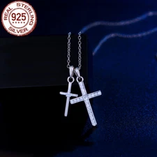 Double Cross Polished Dangle Pendant Necklace Solid 925 Sterling Silver CZ Gift