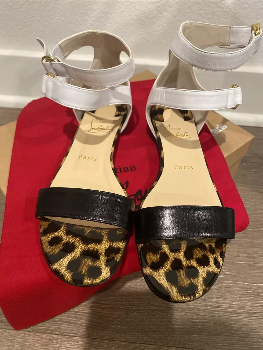 NIB LOUBOUTIN TRES BEA BLACK WHITE LEOPARD PRINT FLAT GLADIATOR