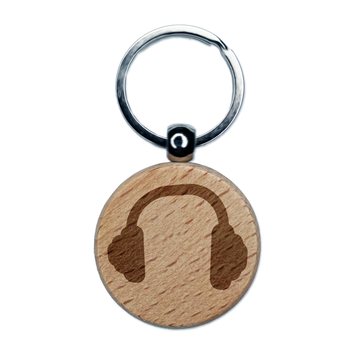 Headphones Ear Solid Engraved Wood Round Keychain Tag Charm
