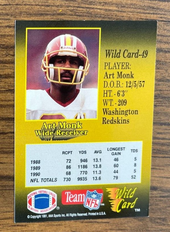 1991 Wild Card Premier NFL Edition # 49 Art Monk - Washington