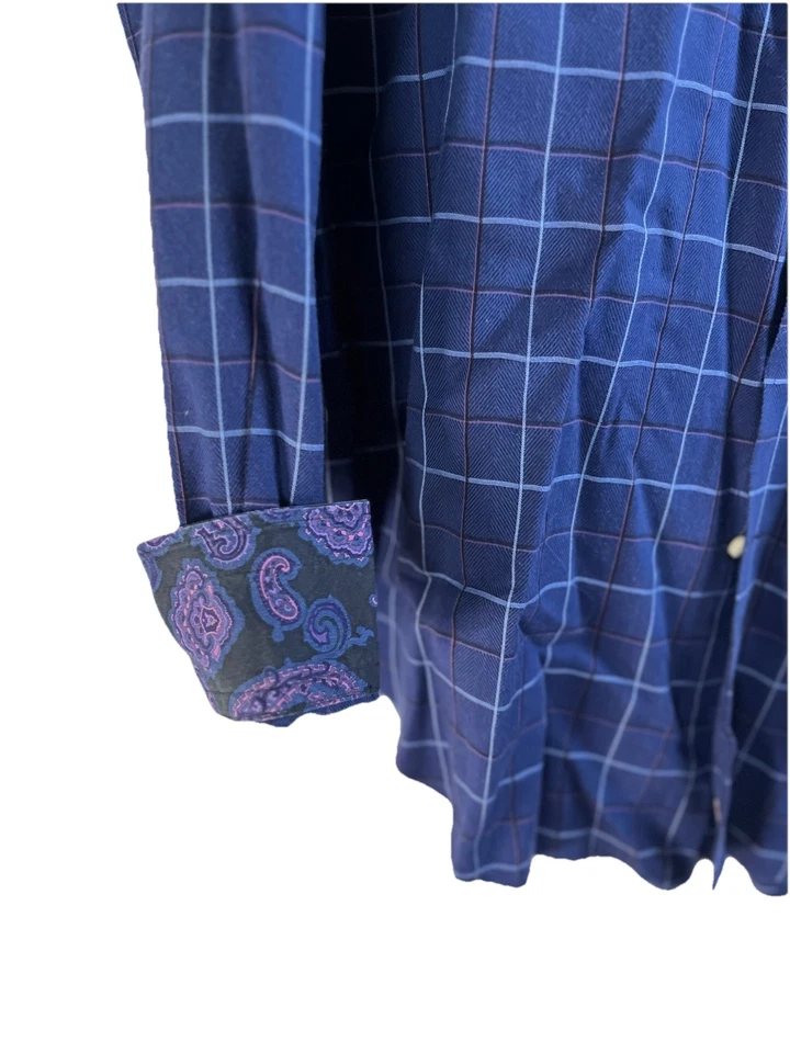 Thomas Dean Dress Shirt Men’s Size Large Flip Cuff Blue Plaid Checkered - Image 3 of 4
