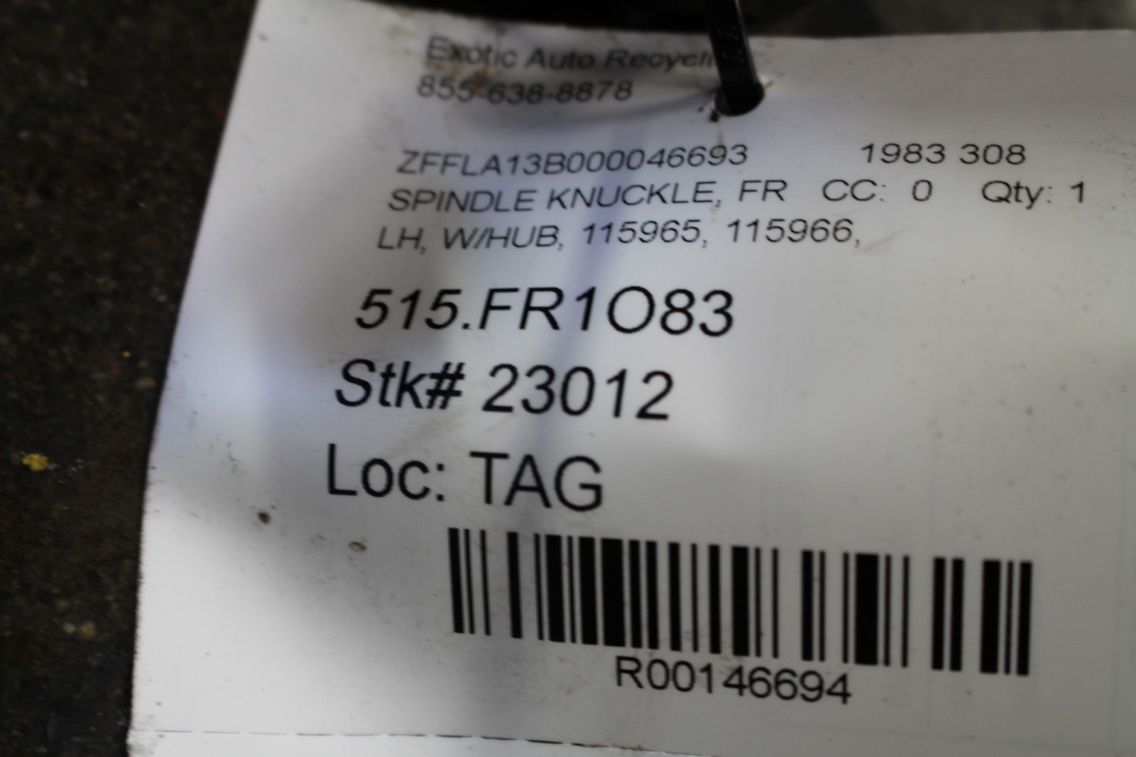 Ferrari 308, LH, Left, Front Spindle Knuckle w/ Hub, Used, P/N 115965, 115966