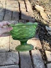 Vintage Indiana Glass Green Pedestal Bowl Quilted Diamond Scalloped Edge