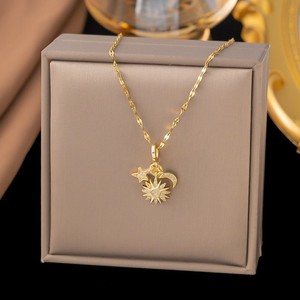 Authentic Women Gold Plated Sun Moon CZ Chain Pendant Necklace PE44