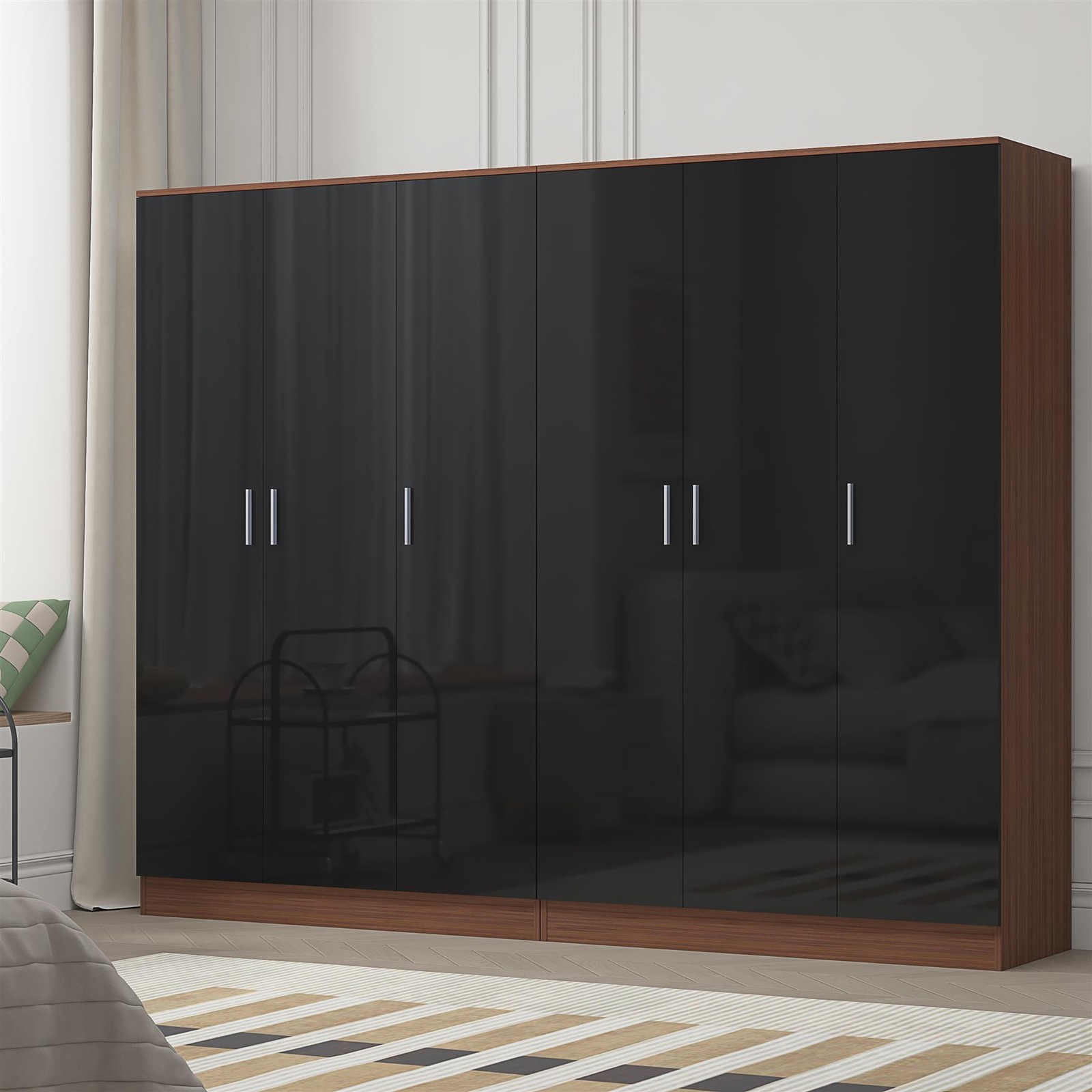 REFLECT Black Gloss Wardrobe Bundle - 3dr Plain + 3dr Plain - Black / Walnut - Image 5