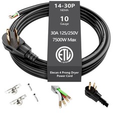 4-Prong Dryer Power Cord 8 Ft Black 30 Amp Appliance Cable NEMA 14-30P