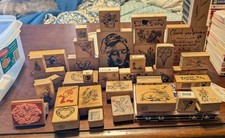 35 Rubber Ink Stamp Collection Lot, Wood Handle