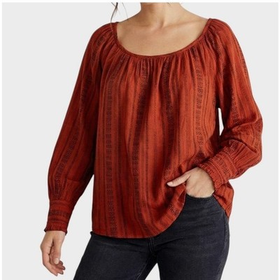 Terra & Sky Womens 2X Scoop Neck Long Sleeve Red Top Rayon Cotton Poly