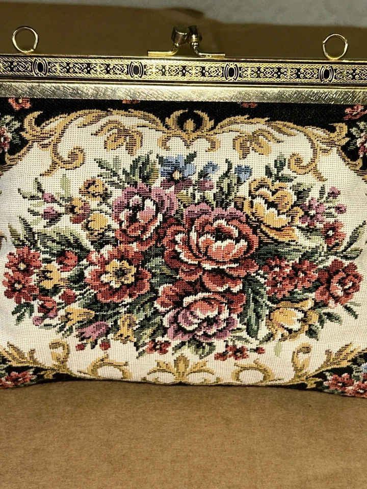 Bolso Pinup Rockabilly Flapper Monedero Tapiz Pequeño Punto Floral Negro Años 50 Foto 2 de 4