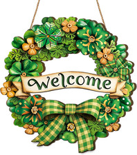 St Patrick'S Day Welcome Wreath for Front Door Decor, Wooden Lucky Shamrock Wrea