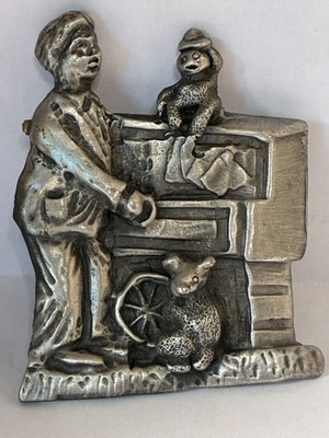Signed ELLE Brooch Organ Grinder Pewter-Tone Depicting Man & His Monkey- Unique