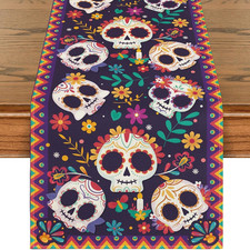 Day of the Dead Party Table Runner, Mexican Sugar Skull Day of the Dead Home Dec