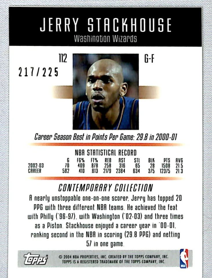 Jerry Stackhouse 2003-04 Topps Contemporary Collection Red /225 #112 Washington - Image 2 of 2