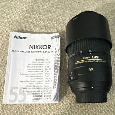 Nikon AF-S DX NIKKOR 55-300mm f/4.5-5.6G ED VR F Mount w/ Hood Cap Manual