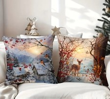 Set Of 2 Beautiful Winter Birds And Deer Christmas Throw Pillow Cover Winter 18"