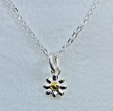 18K Gold and Sterling Silver Kit Heath Signed Kid's Tiny Flower Necklace 14" NOS