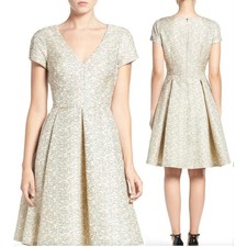 Eliza J Womens Champagne Gold Metallic Jacquard Fit Flare Dress V-Neck Sz 14