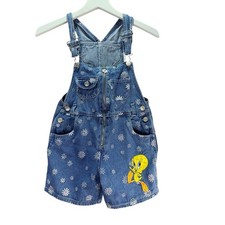 90s Looney Tunes Tweety Bird Shortalls Girls 7 Denim Overalls Blue Daisy Floral