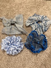 Set of 4 Oversized Blue Scrunchies Satin Ruffle Floral Bow Hair Ties New