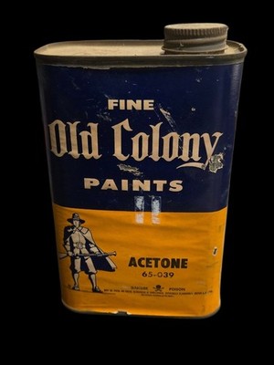 RARE Vintage Old Colony Paints empty ACETONE Tin Can Pilgrim Logo Advertising