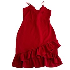 Lulus Dress Womens Medium Red Sealed With a Kiss Ruffle Hem Surplice V Neck