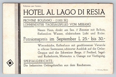 Vintage Hotel Lago di Resia Bolzano Italy Alps Lake Strasser Postcard