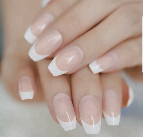 French Tip White Medium Coffin Press On Unils - Set Colla On Falso - Kit 24 pz - Foto 3 di 5