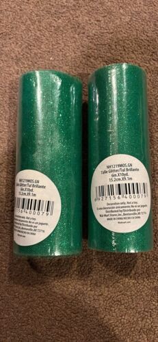 2 Rolls Of Green Glitter Tulle Ribbon New 6 In X 10 Yd