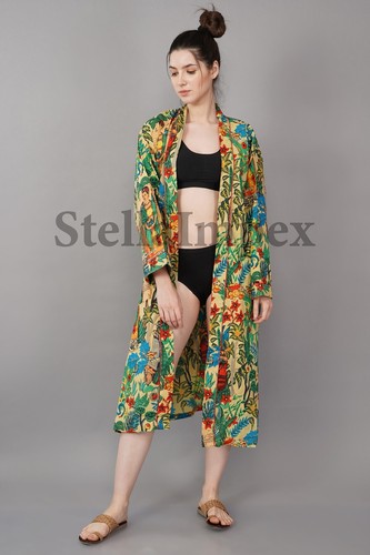 Trendy Cotton Kimono Elegant Multi Color Frida Kahlo Print Bathrobe Resort Dress - Picture 2 of 6