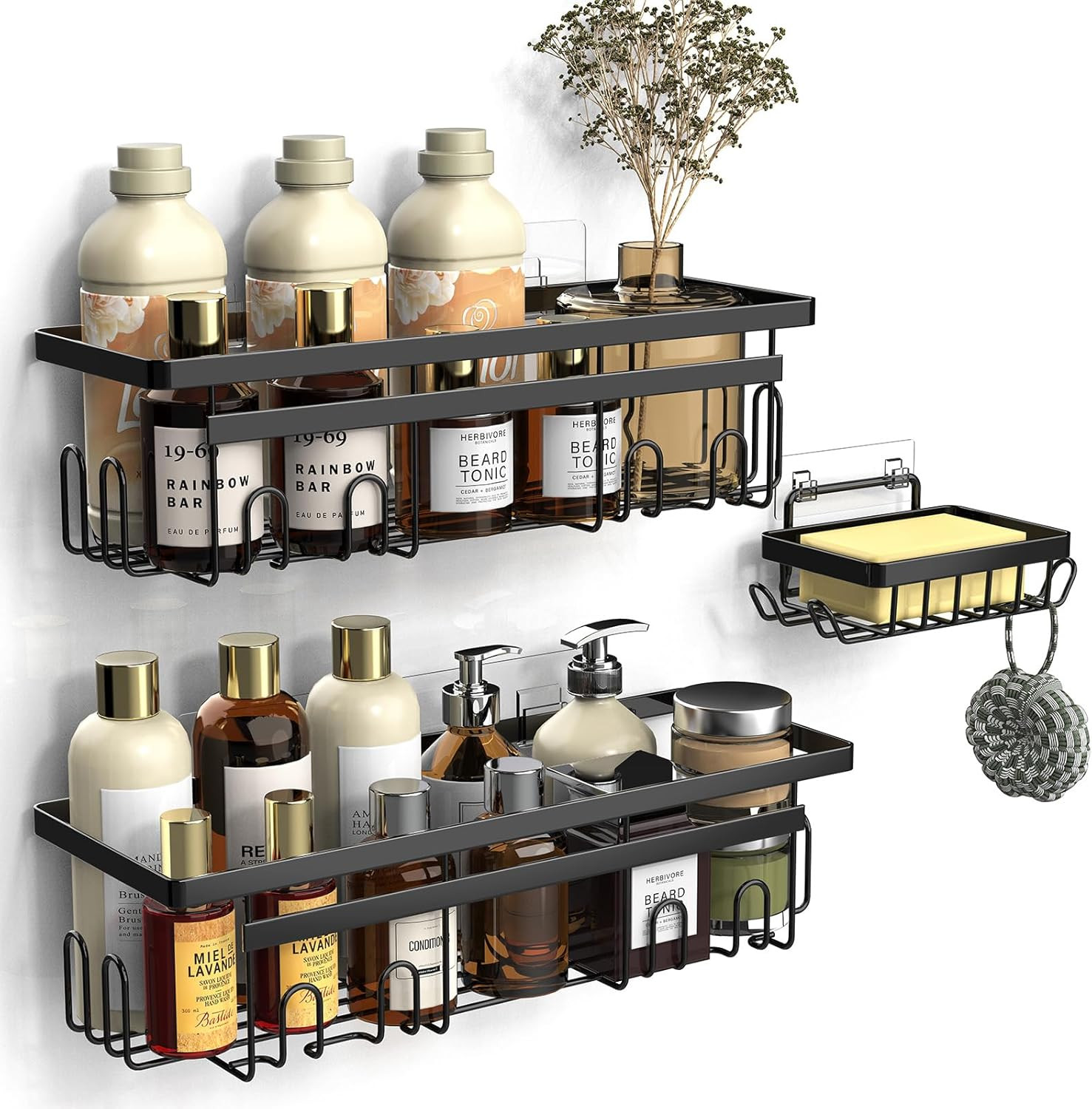 Étagère douche sans perçage murale, rangement salle de bain adhésif avec porte-savon